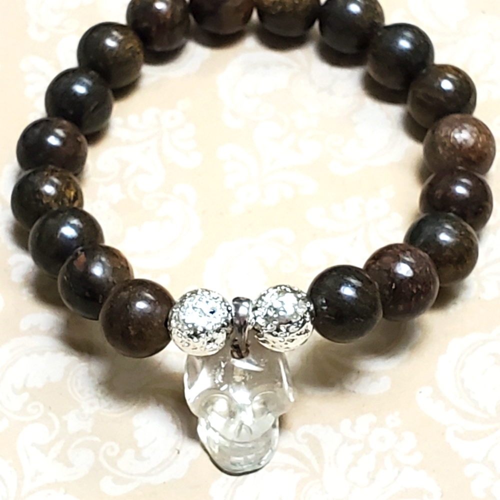 Bronzite 10mm and Crystal Skull Bracelet with Lavastone accent Masculine…